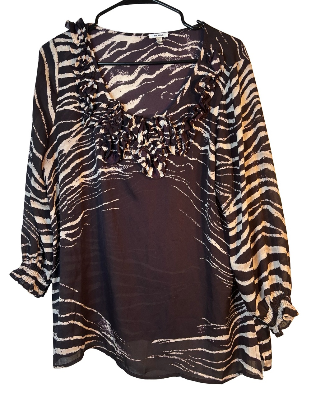 NICOLA Black and Cream Zebra-Print Ruffle Blouse